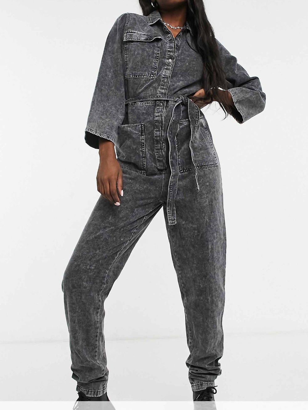 ASOS - Noisy May Black Acid Wash Denim Jumpsuit